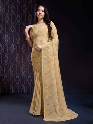 Yellow Georgette Swarovski Stone Embellished Printed Saree With Blouse Piece