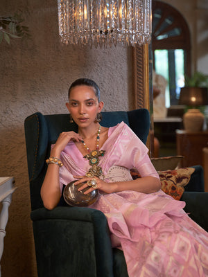 Pink Linen Blend Saree With Blouse Piece