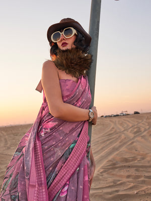 Pink Printed Linen Blend Saree With Blouse Piece