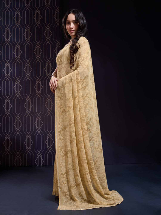 Yellow Georgette Swarovski Stone Embellished Printed Saree With Blouse Piece