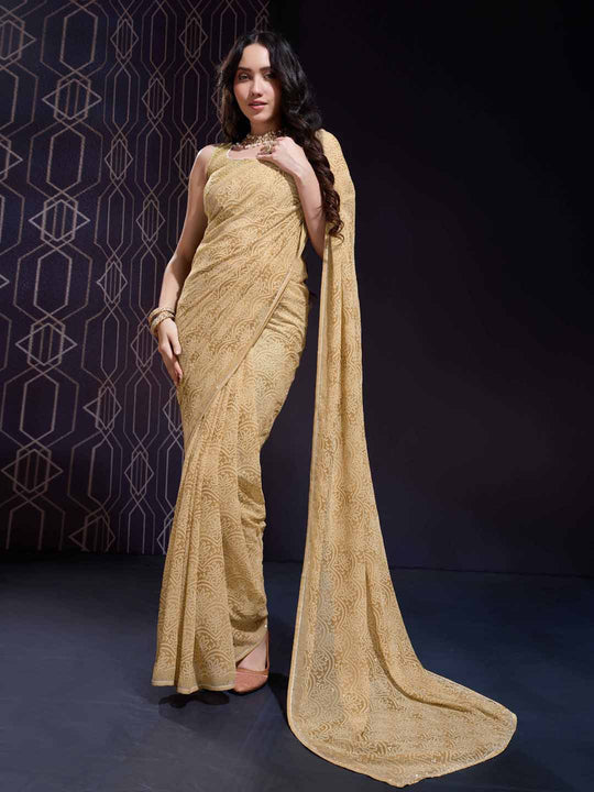 Yellow Georgette Swarovski Stone Embellished Printed Saree With Blouse Piece