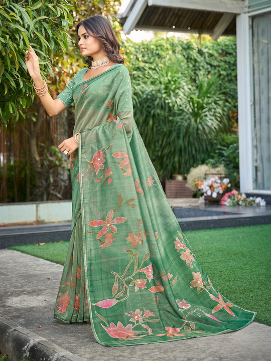 Teal Tissue Festive Wear Saree With Blouse Piece