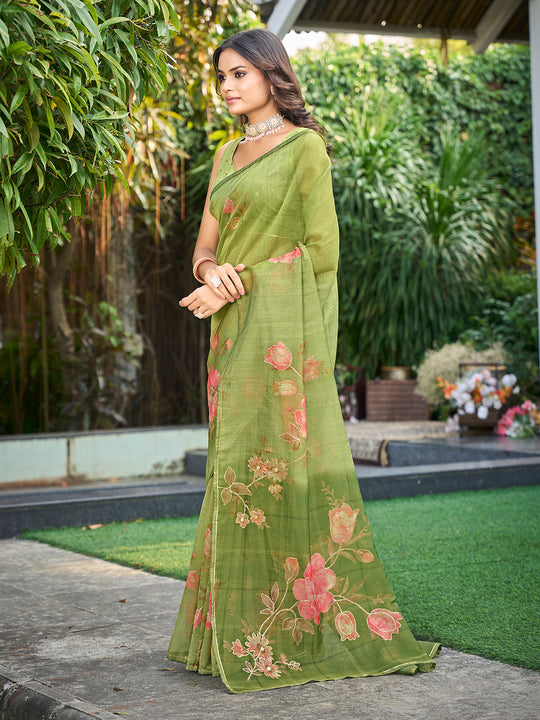 Green Tissue Festive Wear Saree With Blouse Piece
