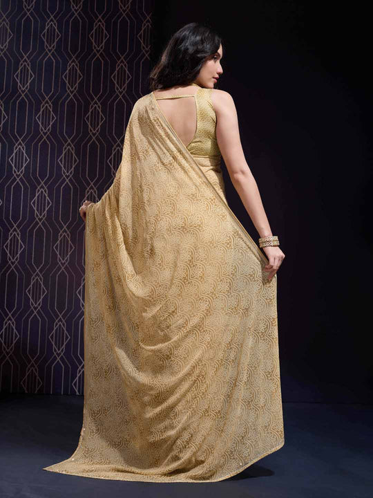 Yellow Georgette Swarovski Stone Embellished Printed Saree With Blouse Piece