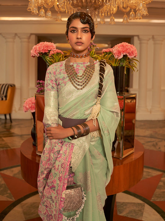 Green Pashmina Kashmiri Modal Saree With Blouse Piece