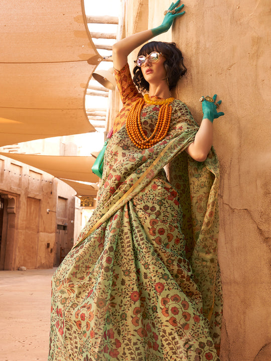 Green Printed Zari Tissue Saree With Blouse Piece