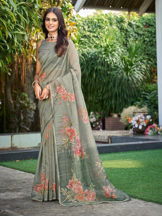 Light Green Tissue Festive Wear Saree With Blouse Piece