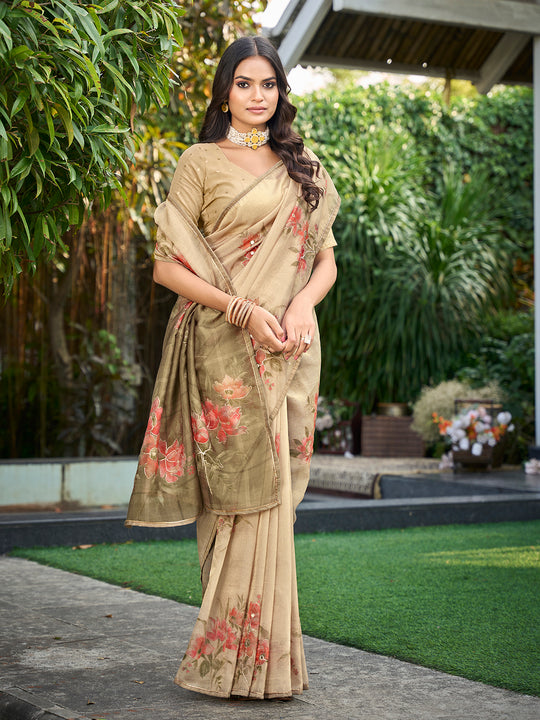 Beige Tissue Festive Wear Saree With Blouse Piece