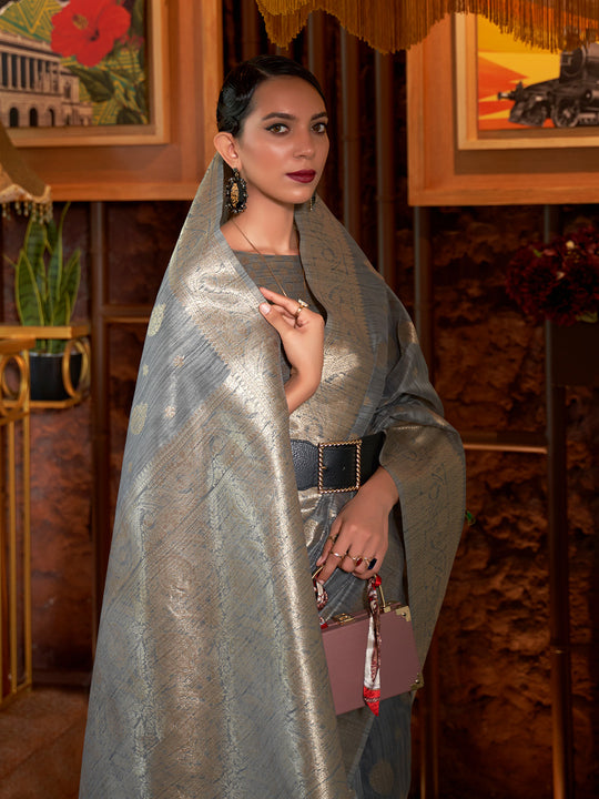 Grey Tussar Silk Saree With Blouse Piece