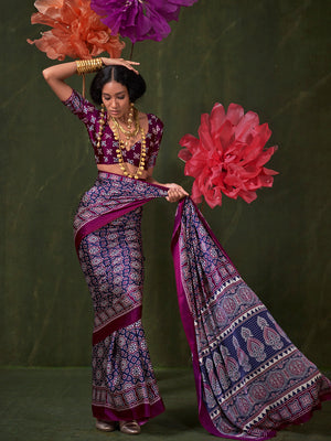 Wine Printed Ajarakh - Satin Crepe Saree With Blouse Piece