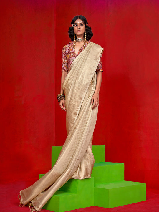 Cream Pure Self Zari Tissue Handloom Silk Saree With Blouse Piece