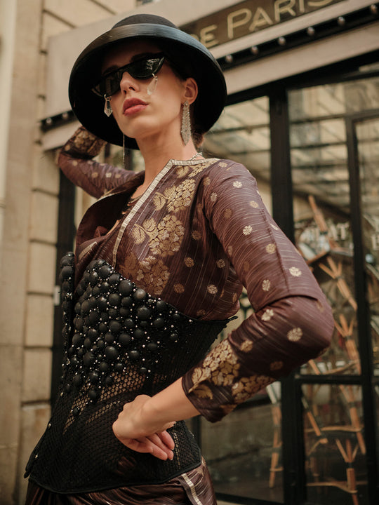 Brown Satin Saree With Blouse Piece