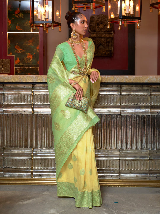 Yellow Linen Blend Silk Saree With Blouse Piece