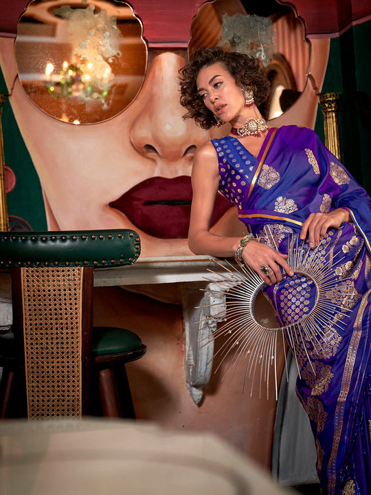 Violet Satin Silk Saree With Blouse Piece