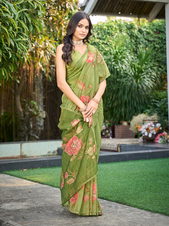 Green Tissue Festive Wear Saree With Blouse Piece
