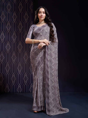 Purple Georgette Swarovski Stone Embellished Printed Saree With Blouse Piece