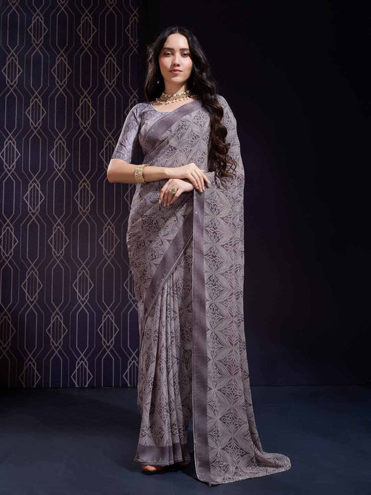 Purple Georgette Swarovski Stone Embellished Printed Saree With Blouse Piece