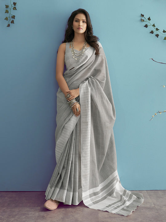 Grey Soft Linen Silk With Chikankari Weaved Border Saree With Blouse Piece