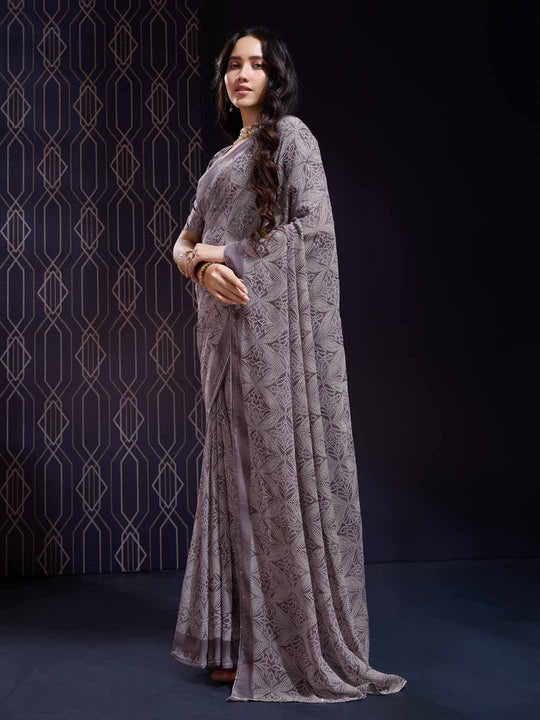 Purple Georgette Swarovski Stone Embellished Printed Saree With Blouse Piece