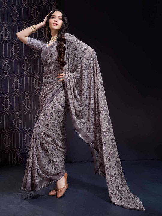 Purple Georgette Swarovski Stone Embellished Printed Saree With Blouse Piece