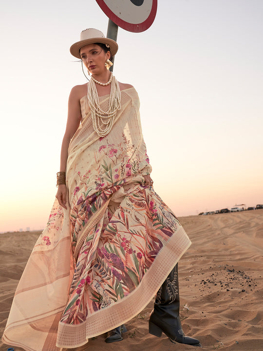 Yellow Printed Linen Blend Saree With Blouse Piece