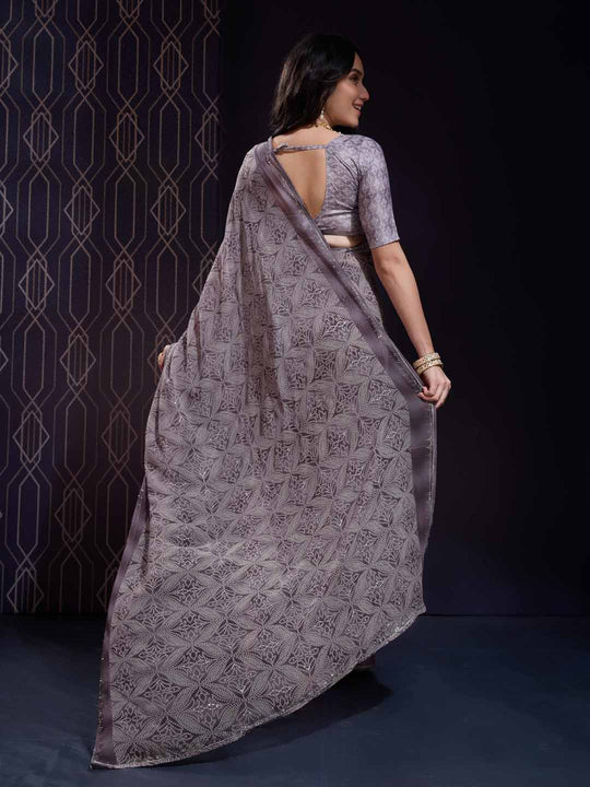 Purple Georgette Swarovski Stone Embellished Printed Saree With Blouse Piece