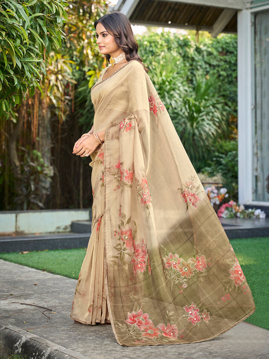 Beige Tissue Festive Wear Saree With Blouse Piece