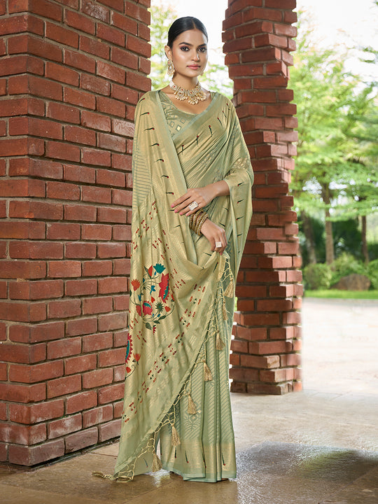 Green Brasso Festive Wear Saree With Blouse Piece