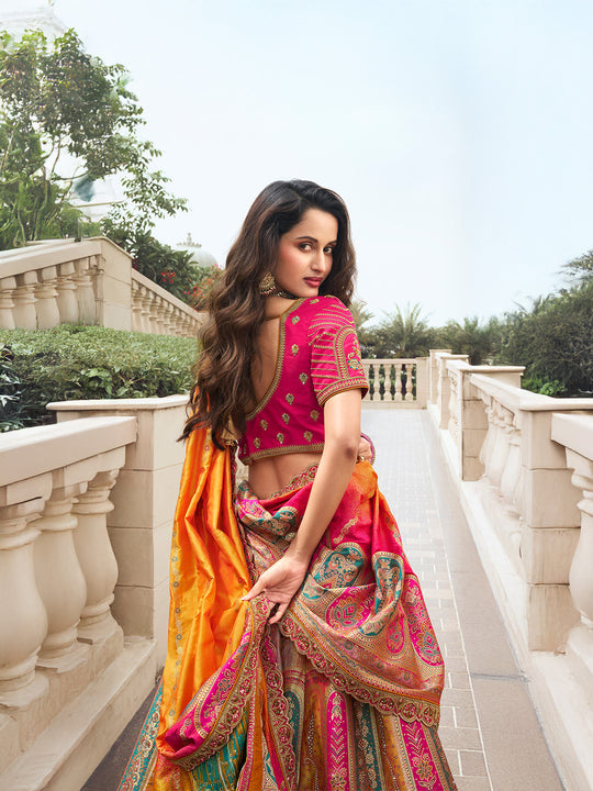 Multicolor & Pink Banarasi Silk Lehenga Choli