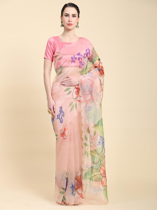 Pink Digital Printed Organza Saree With Satin Pink Blouse Piece
