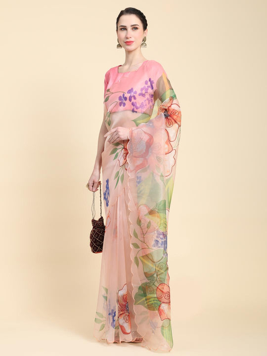 Pink Digital Printed Organza Saree With Satin Pink Blouse Piece