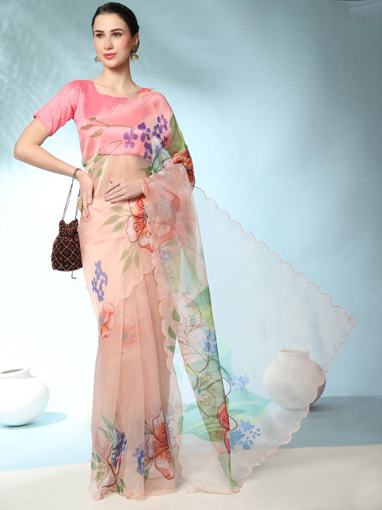 Pink Digital Printed Organza Saree With Satin Pink Blouse Piece