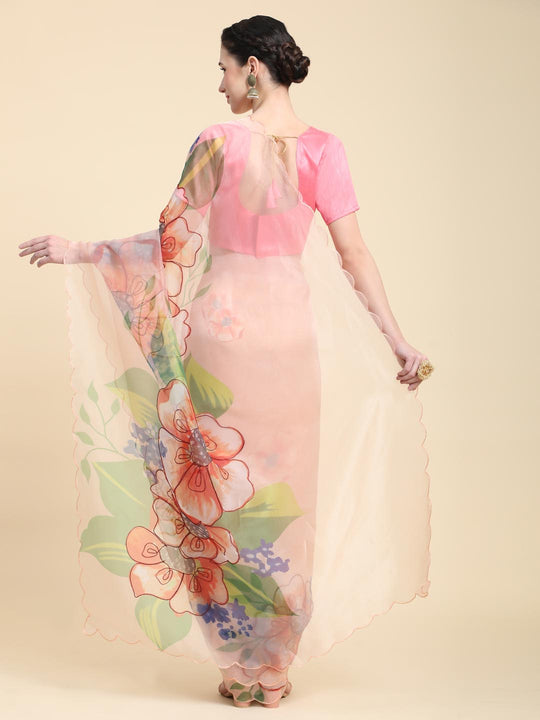 Pink Digital Printed Organza Saree With Satin Pink Blouse Piece