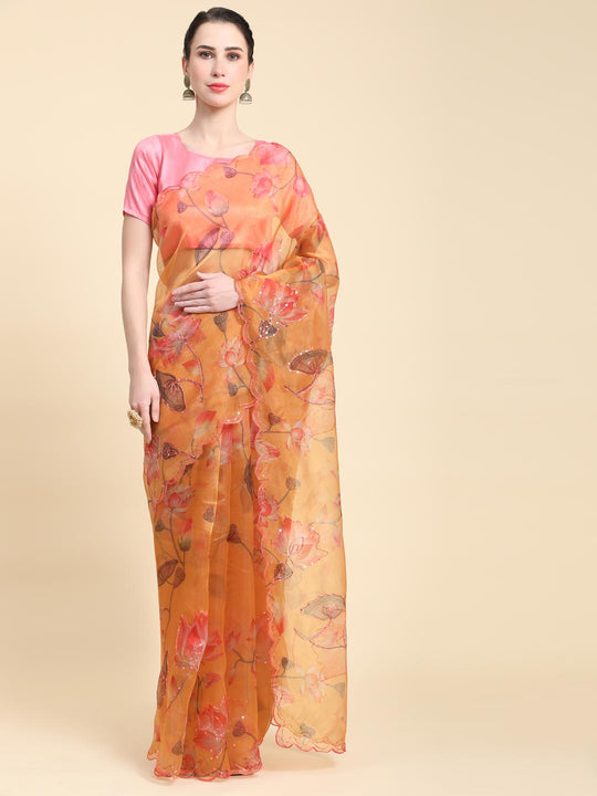 Orange Digital Printed Organza Saree With Satin Pink Blouse Piece
