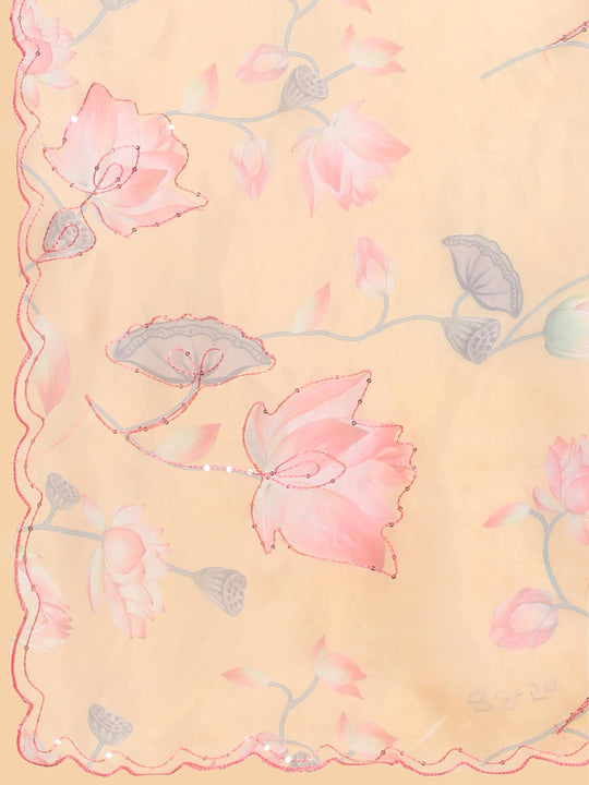 Orange Digital Printed Organza Saree With Satin Pink Blouse Piece