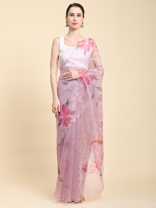 Lavender Digital Printed Organza Saree With Satin White Blouse Piece