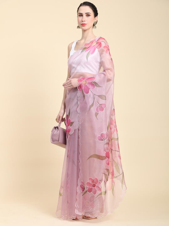 Lavender Digital Printed Organza Saree With Satin White Blouse Piece