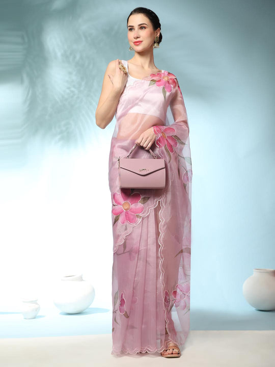 Lavender Digital Printed Organza Saree With Satin White Blouse Piece