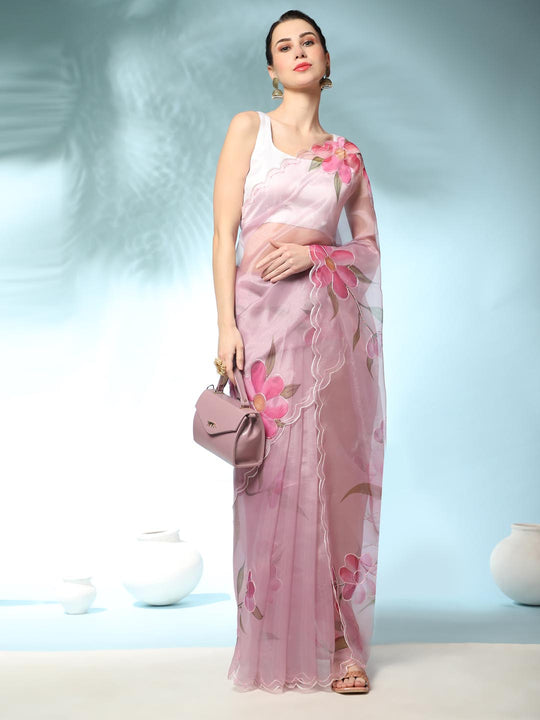 Lavender Digital Printed Organza Saree With Satin White Blouse Piece