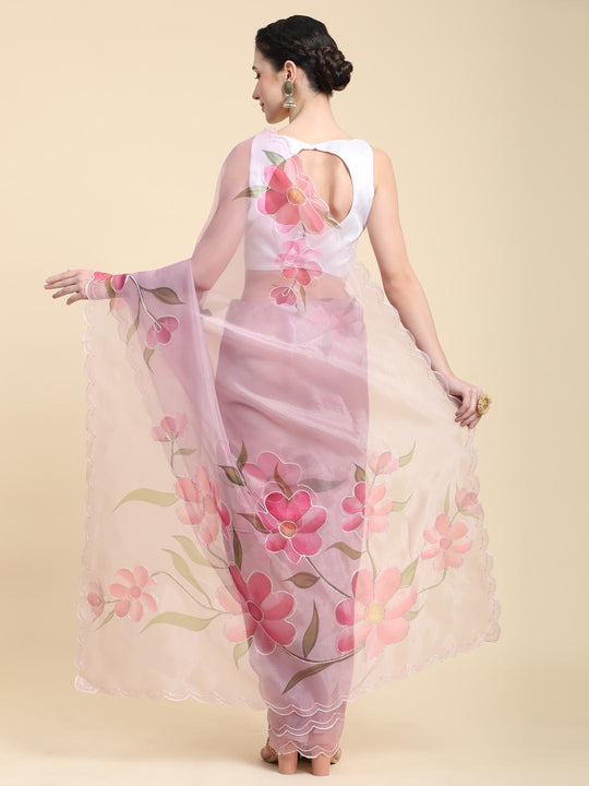 Lavender Digital Printed Organza Saree With Satin White Blouse Piece