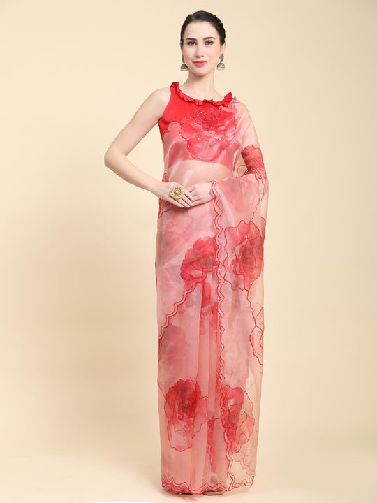 Red Digital Printed Organza Saree With Satin Red Blouse Piece