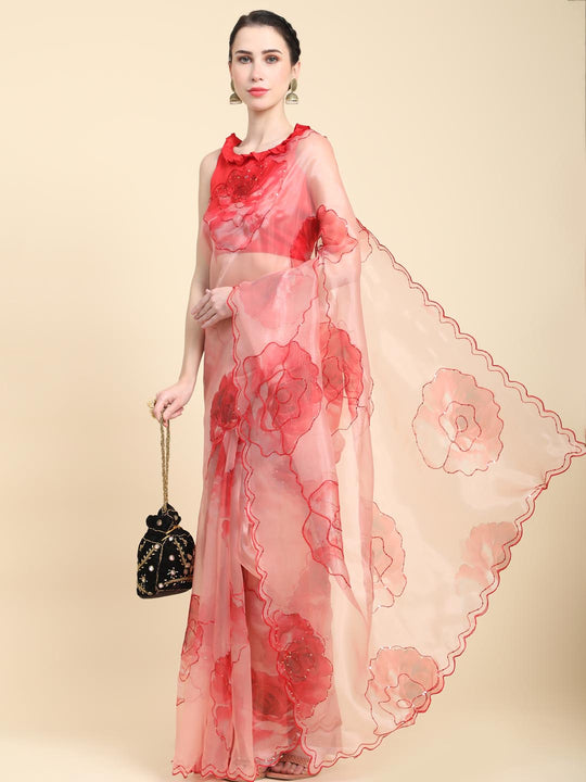 Red Digital Printed Organza Saree With Satin Red Blouse Piece