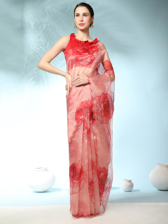 Red Digital Printed Organza Saree With Satin Red Blouse Piece
