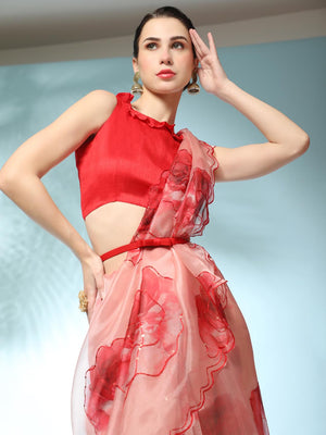 Red Digital Printed Organza Saree With Satin Red Blouse Piece