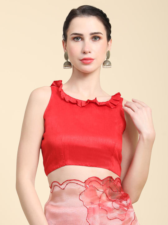 Red Digital Printed Organza Saree With Satin Red Blouse Piece