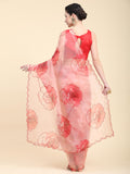 Red Digital Printed Organza Saree With Satin Red Blouse Piece