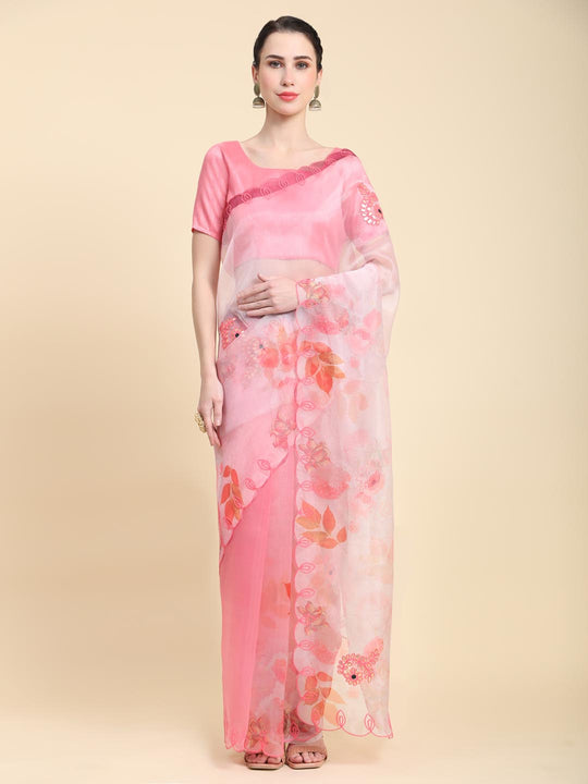 Peach Digital Printed Organza Saree With Satin Peach Blouse Piece