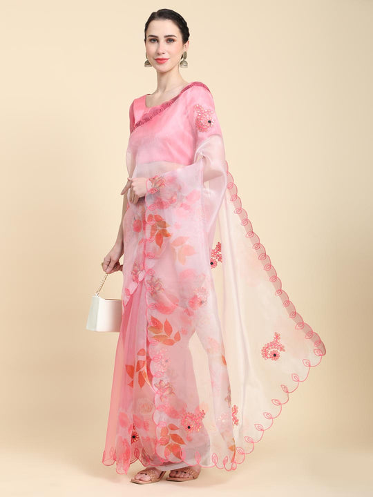 Peach Digital Printed Organza Saree With Satin Peach Blouse Piece
