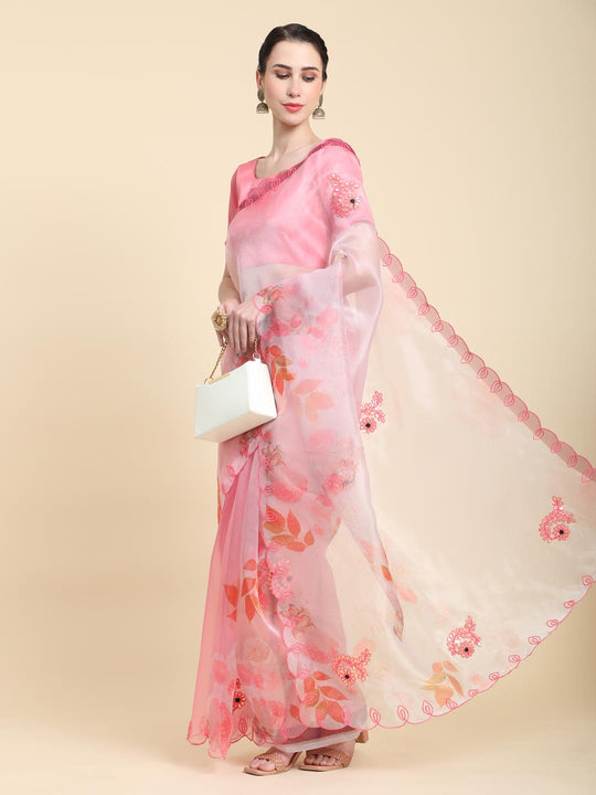 Peach Digital Printed Organza Saree With Satin Peach Blouse Piece