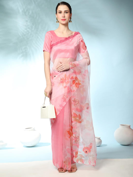 Peach Digital Printed Organza Saree With Satin Peach Blouse Piece
